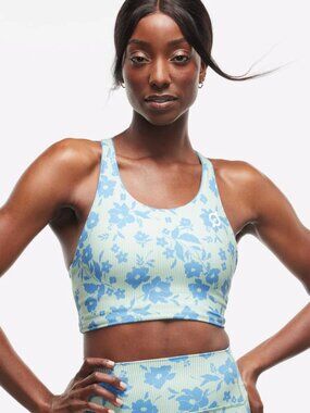 Peloton Cadent Longline Racerback Sports Bra Blue Floral Stripes Size XL